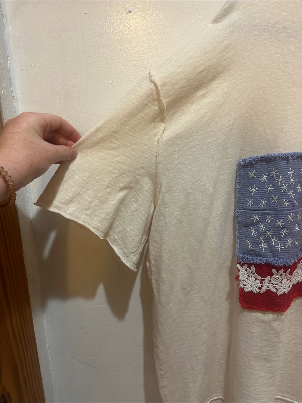 Cream T-Shirt with Embroidered American Flag Patch - Picture 3 of 7